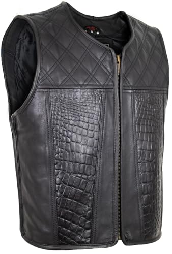 MDM Hunter Club Gilet en cuir de vachette véritable pour homme, noir, gaufrage croco à l'avant, surpiqûre en losanges sur le dessus, sans poches extérieures, Noir , 3XL – vue 2
