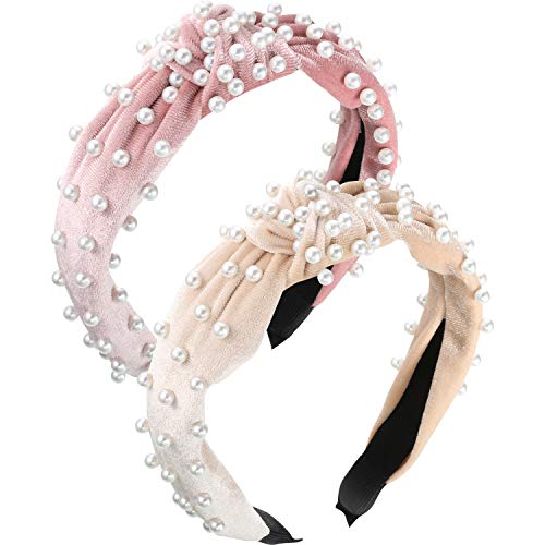 2 Pieces Pearls Headband Wide Headband Velvet Vintage Twisted Headwear for Girl Woman Hair Accessories (Wine Red, Pink)
