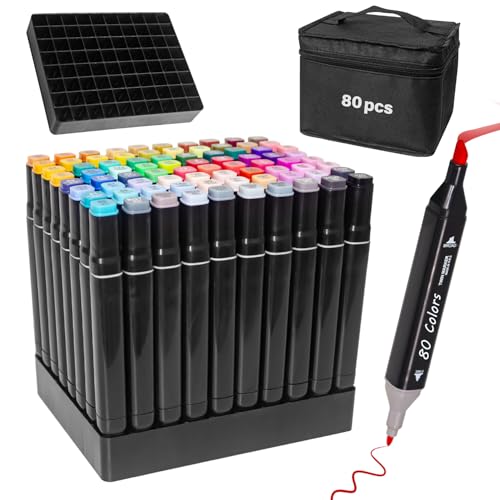 TONINT 80 Colors Alcohol Markers Set,Dual Tips Blender Art Markers for Drawing Sketching Coloring Artist Pens and Underlining,Professional Permanent Sketch Markers for Kids Adult Coloring