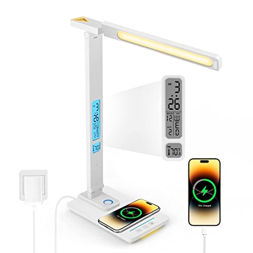 LED Desk Lamp with Wireless Charger - USB Charging Port, Touch Sliding Dimmable Auto Timer Table Lamp with Night Light, Desk Lights with Clock for Study Reading Home Office （White）