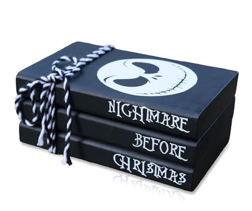 RUKEJUNE Mini Black Halloween Tiered Tray Decor Wood Decorative Book Stack, Rustic Farmhouse Faux Books Bundle for Home Table Mantle Shelf Decoration Nightmare Before Christmas Sign