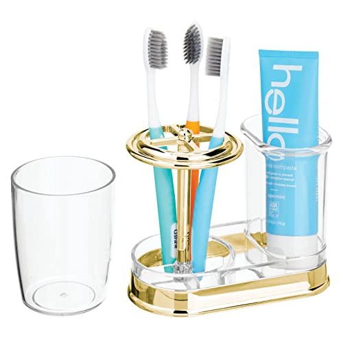 Mdesign Plastic Toothpaste And Toothbrush Holder Center With Cup/Cover - Organizer For Bathroom Vanity Countertop - Holds Paste, Floss, Accessories - Hyde Collection - Clear/Soft Brass #TOP4