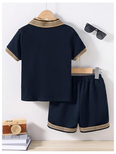 Image of GORGLITTER Boy's 2 Piece Short Set Letter Patched Short Sleeve Tennis Shirt and Knot Front Shorts Summer Outfits Blue 6Y