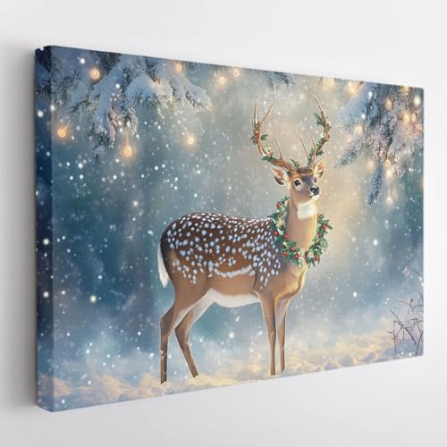 Canvas Wall Art Merry Christmas-Christmas Deer Wall Art Canvas: Natural Deer in the Snow Winter Wall Decorations for Living Room Farmhouse Bathroom Decorations with Frame and Easy to Hang-P70PB