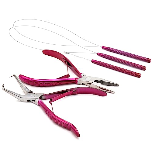 G4 VISION Professional Hair Extension & Beading Tool Kit Remove Plier Set for beads (4 Piece) I-Link Micro Ring Loop Needle Pulling Hook Threader Wire for Silicone Rings (Shocking Pink)