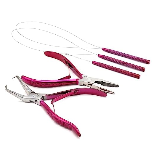 Professional Hair Extension & Beading Tool Kit Remove Plier Set for beads (4 Piece) I-Link Micro Ring Loop Needle Pulling Hook Threader Wire for Silicone Rings