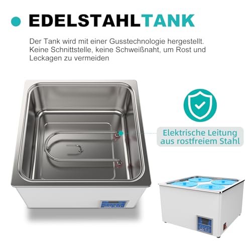 JOANLAB Laborwasserbad 12L, 800W - Vierfachöffnung, Edelstahl - Präzises Thermostat ±0,1°C - Timer 0-99 Min - LED Display