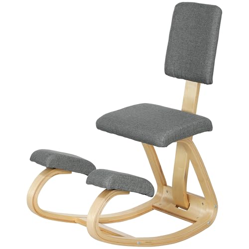 HOMCOM Silla Ergonómica de Rodillas con Respaldo, Silla de Rodillas, Cojines Acolchados, Marco de Madera, para una Mejor Postura, Oficina, Gris