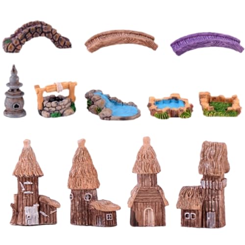 LONCESS Fairy Garden Accessories Miniature Tree House Bridge Mini Lighthouse Water Well Bridge Figurines Pond Lawn Ornament Figurines for DIY Craft Garden Decor,12 Peices
