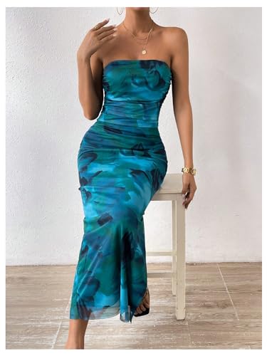Image of GORGLITTER Women's Floral Strapless Bodycon Wedding Guest Dress Vacation Summer Birthday Tropical Maxi Long Sun Dresses