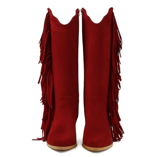 Image of KiutSymo Cowgirl Fringe Boots For Women White Tassels Cowboy Boots Knee High Pointed Toe Western Boots