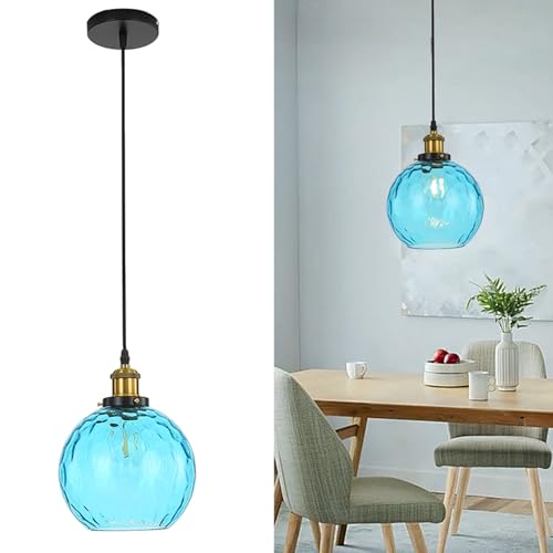 HJXDtech 20cm Lámpara Colgante de Araña de Vidrio Ondulado Esférico Industrial Vintage, Luz Colgante de Techo E27 Loft Bar Colorida con Retro Acabado Bronce (Azul)