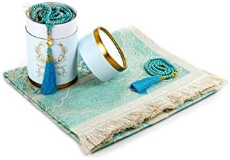 ihvan online Muslim Prayer Rug and Prayer Beads with Elegant Cylinder Gift Box | Janamaz | Sajadah | Soft Islamic Prayer Rug | Islamic Gifts Set | Prayer Carpet Mat, Taffeta Fabric, Green
