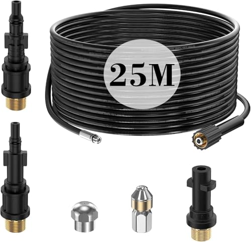 25M Tuyau Déboucheur Canalisation Nettoyage Haute Pression pour Kärcher K2 K3 K4 K5 K6 K7 HD HDS, 180Bar Kit Furet Professional avec Buse Rigides +...