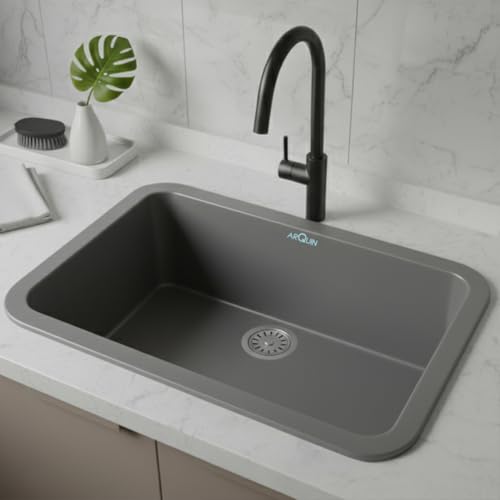 Image of ARQUIN Quartz Sink 24x18x9 Inch Grey Round Corner | Single Bowl Sink | Durable & Scratch-Resistant | Undermount /Topmount Including Coupling, Waste Pipe & Fruit Washing Basket