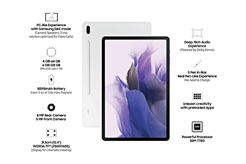 Image of (Refurbished) Samsung Galaxy Tab S7 FE 31.5 cm (12.4 inch) Large Display, S-Pen in Box, Slim Metal Body, Dolby Atmos Sound, RAM 4 GB, ROM 64 GB Expandable, Wi-Fi Tablet, Mystic Silver