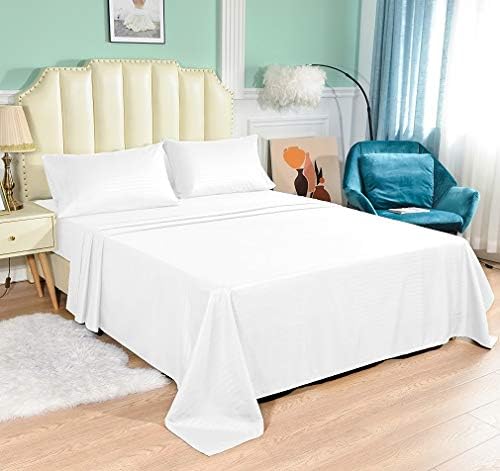 JÁCLER Queen 4 Piece Sheet Set- Microfiber Bedding - Bed Sheets - Extra Soft - Easy Fit - Breathable & Cooling Sheets - Comfy, Wrinkle, Fade - Stain Resistant– Stripe White