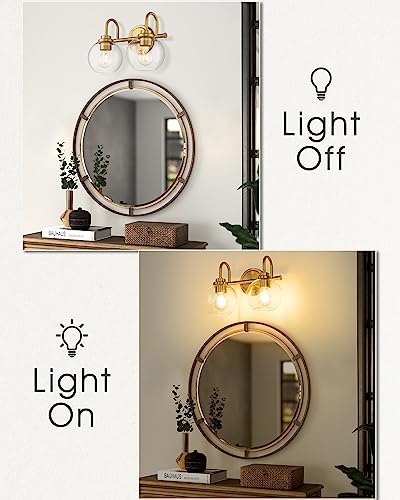 Image of Bathroom Light Fixtures, 2-Light Brushed Gold Vanity Lights with Globe Clear Glass, Champagne Bronze Vanity Lighting Fixtures Over Mirror, AD-22280-2W-GD