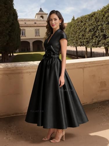 Tea Length Mother of The Bride Dresses for Women Satin 3D Flower Formal Dress Cap Sleeve Cocktail Dresses4