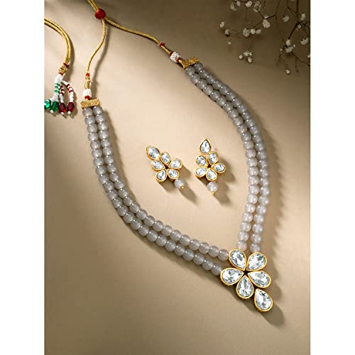 Image of Peora Crystal Faux Pearl Kundan Necklace & Jewellery Set Gift for Women