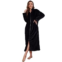 LYCY Damen Plüsch Reißverschluss Bademantel langer Fleece Morgenantel Hausmantel mit Taschen (Schwarz, 2XL/3XL)