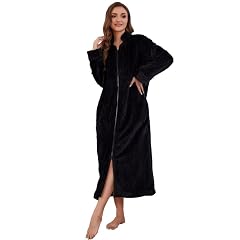 LYCY Women Plush Zipper Robe Long Fleece House Coat Nightgown with Pockets Solid Bathrobe