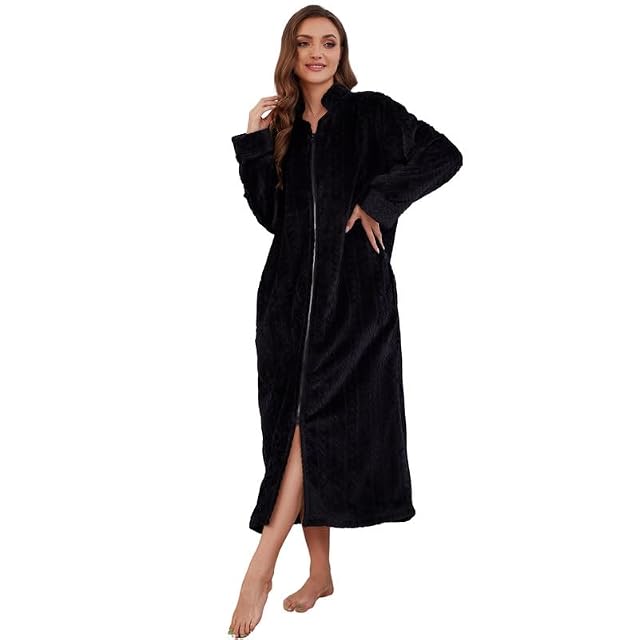 LYCY Women Plush Zipper Robe Long Fleece House Coat Nightgown with Pockets Solid Bathrobe