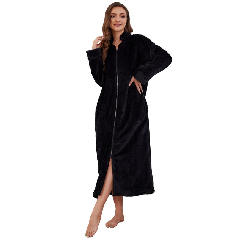 LYCY Women Plush Zipper Robe, Long Fleece House Coat Nightgown with Pockets Solid Bathrobe