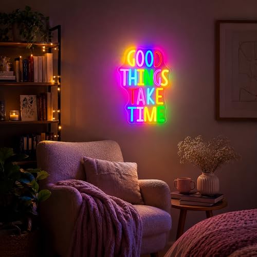 Image of Neon Sign, Good Tings Take Time Neon Signs for Wall Decor - Dimmable Motivational LED Signs for Bedroom, Living room, Offices, Home Decor - USB Powered Light Up Sign Decorations Gift