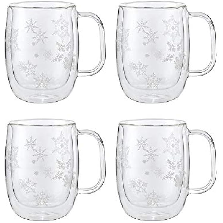 ZWILLING Sorrento Double Wall Glass Snowflake Coffee Mugs, Set of 4, 12oz. Each