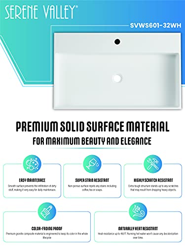 Serene Valley Bathroom Sink, Wall-Mount Install Or On Countertop, 32" With Single Faucet Hole, Solid Surface Material For Max Elegance #TOP3