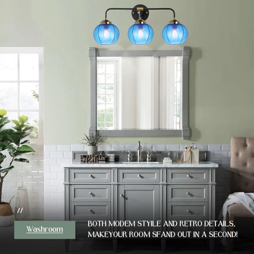 Image of Vanity Lights for Bathroom,Mid Century Vanity Light Black Sconce Blue Bathroom Light Fixture Over Mirror Ribbed Glass Globe Shade Art Deco Vanity Lights Modern Wall Sconce 3-Lights