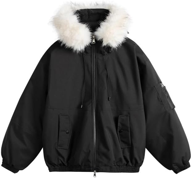 Detachable Wool Neck Hooded Cotton Padded Jacket with Thickened Outdoor Commuting Coat