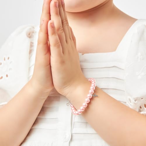 Image of Baby Crystals Pink Pearl Personalized Charm Bracelet for Girls, Sterling Silver Initial Charm Cross Charm Bracelet, Baptism Gifts for Girl, First Communion Christening, Keepsake Girls Jewelry