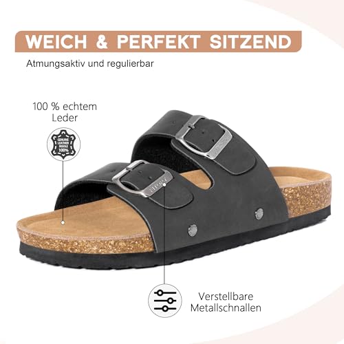 FITORY Damen Pantoletten mit Kork-Fußbett Leder Bequem Rutschfest Sandalen Frauen Sommer Latschen Schlappen Hausschuhe verstellbaren Riemen mattschwarz Größe 40