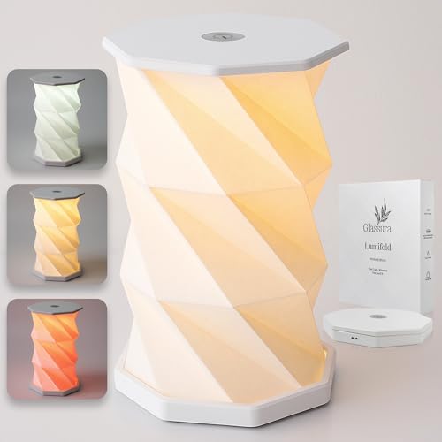 Glassura Lámpara LED decorativa de mesa sin cable recargable – Diseño plegable con luz roja, cálida y fría regulable – Ideal para mesita de noche, salón y crear ambientes relajantes en casa (blanco)