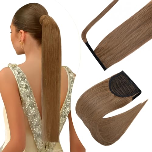 Elailite Postizos de Pelo Natural Coleta Ponytail- Cabello Humano Postizos - 40 cm #06 Marrón Claro