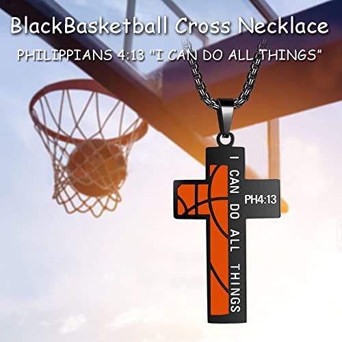 ZRAY Black Basketball Cross Necklace Engraved I CAN DO All THINGS PH4:13 Bible Verse Pendant Stainless Steel Chain Sport Jewelry Gift for Men Boys2