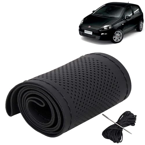 Image of KINGSWAY PU Leatherite Car Steering Cover Sewable Compatible with Fiat Punto (Year 2005-2019), Black Color with Black Thread, Pack of 1 with Sewing Needle and Thread