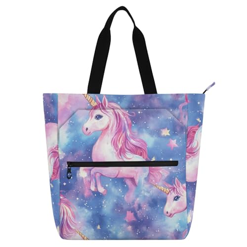Bolsa de libros para niños y adultos con estampado de unicornio rosa y asas de tela