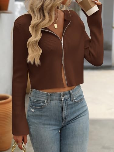 Image of Sumleno Women Y2k Zip Up Cropped Cardigan Sweater Long Sleeve Solid Color Slim Fit Ribbed Knit Tops Trendy Fall Clothes