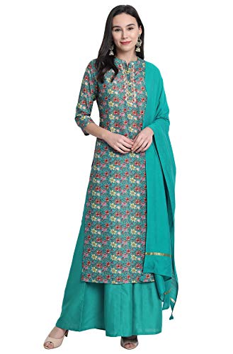 Janasya Damen Musselin Kurta mit Palazzo und Dupatta, Grün, Grün , X-Large Cover