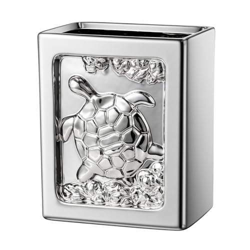 Image of Ceramic Trash Can - Square Garbage Can with Turtle Relief, Trash Bin for Bathroom, Bedroom, Kitchen, Office, 1.85 Gallon Small Waste Basket (Silver)
