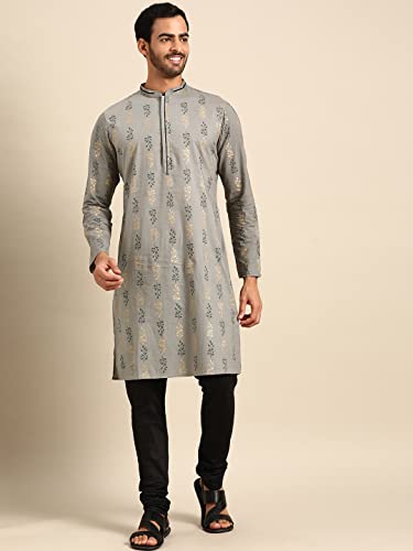Image of Men's Black Art Silk Regular Fit Ethnic Motifs Kurta | Indian Kurta | Festive Ethnic Kurta with Embroidered Packet
