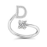 HUJUON Silver Initial D Letter Ring for Women. Adjustable Crystal Alphabet Ring,Name Initials Stackable Knuckle Rings CZ Open Ring