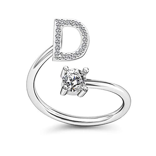 Image of HUJUON Silver Initial Letter Ring for Women. Adjustable Crystal Alphabet Ring,Name Initials Stackable Knuckle Rings A-Z CZ Open Ring