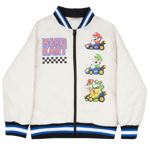 Nintendo Mario Kart Boys Varsity Bomber Jacket Zip-Up Super Mario Graphic Print Jacket for Kids and Toddlers Casual Fashion Coats (Tan, Size 4/5)