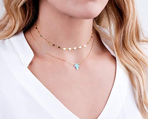 Blue Opal Cross On Thin Gold Filled Choker Necklace - Handmade Minimal Collar - Length: 13.5 Inch + 3 Inch Extender #TOP3