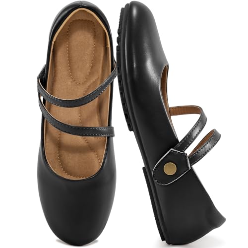 HARENCE Mary Jane Flats for Women: Dressy Round Toe Double Strap Ballet Flats Comfortable Slip On Work Shoes for Wedding Driving