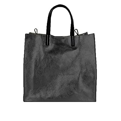 FrasiBags Borsa Shopping a Mano in Vera Pelle Metallizzata, Shopping Bag Donna a Mano Metallizzata, Borse Donna, Borsa in Pelle Elegante Made in Italy (Nero)
